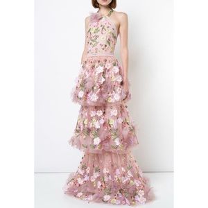 Marchesa Notte Floral Appliqué Tiered Ruffle Gown